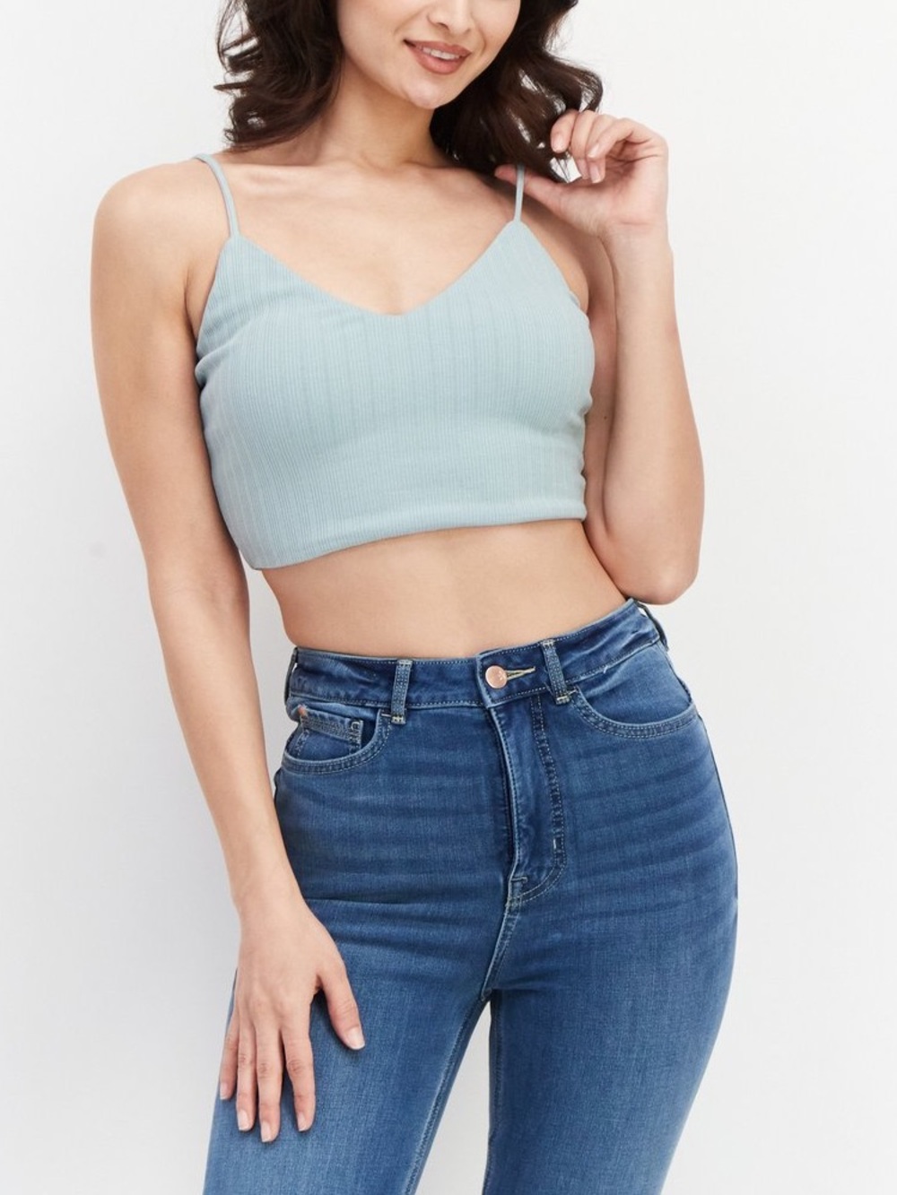 BB Dakota V-Neck Ribbed Cropped Cami Sleeveless Top Steel Blue Women's Size XS